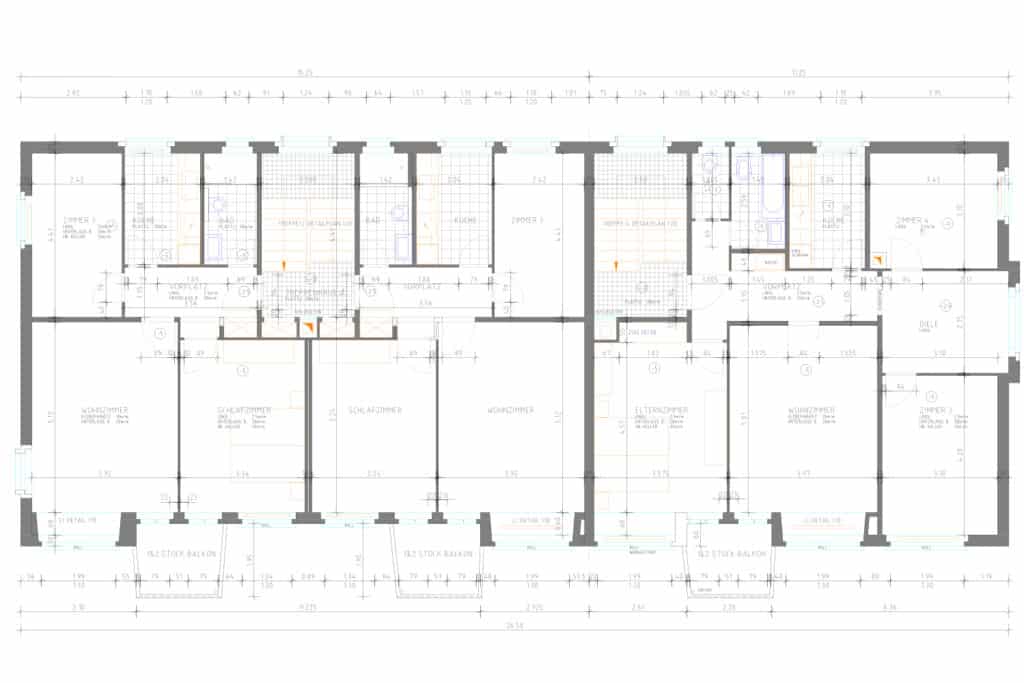 Digitalisierter Grundriss eines Mehrfamilienhauses als CAD-Plan