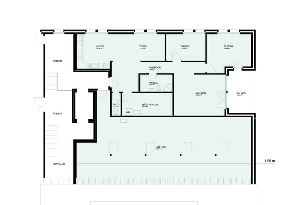 Digitalisierter Verkaufsgrundriss mit Flächenberechnung und farblich dargestellten Räumen