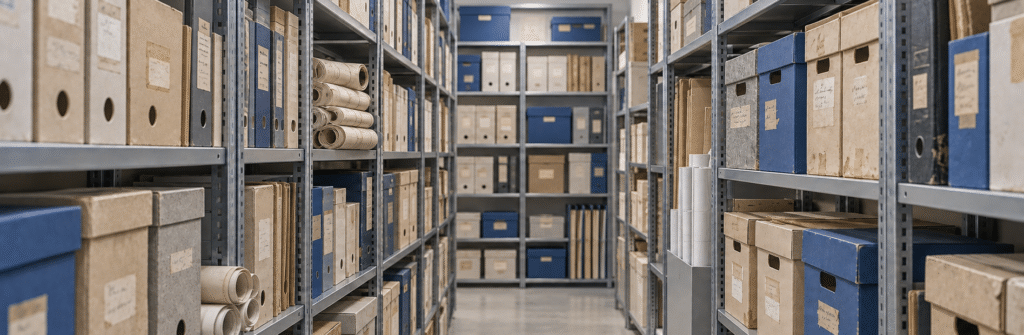Archiv mit Plänen und Dokumenten vor dem Scannen und Digitalisieren